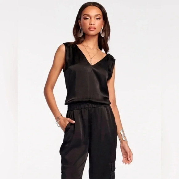 🆕 Ramy Brook MELISSA Smock Waist Satin Jogger Jumpsuit Color BONE, Size Medium - Picture 2 of 10